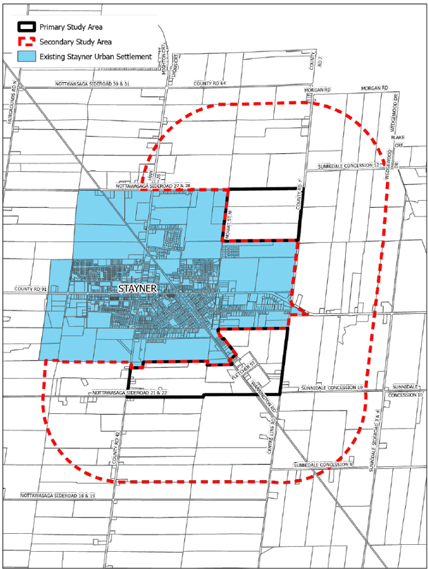 The Preferred Boundary Expansion Area, or ‘Primary Study Area’ contains a total of approximately 331.0 hectares of land: 118.5 hectares in the northeast corner between County Road 7 and Mowat Street North, 113.2 hectares at the south end between County Road 42 (Airport Road) and Warrington Road, and 99.3 hectares between Warrington Road and Centre Line Road.