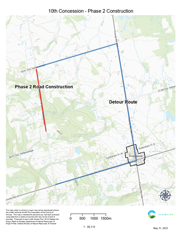 Concession 10 Phase Detour Route: east along former County Road 91 to County Road 124 north to 3132 Sideroad and west back to the 10th Concession