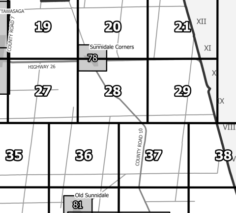 Snippet of the Zoning By-law Map showing Sunnidale Corners and County Road 10.